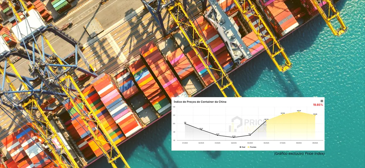 Terminal portuário com contêineres coloridos e guindastes vistos de cima, com gráfico do índice de preços de frete da China indicando alta em 2025, refletindo impacto do conflito no Oriente Médio na cadeia logística global.