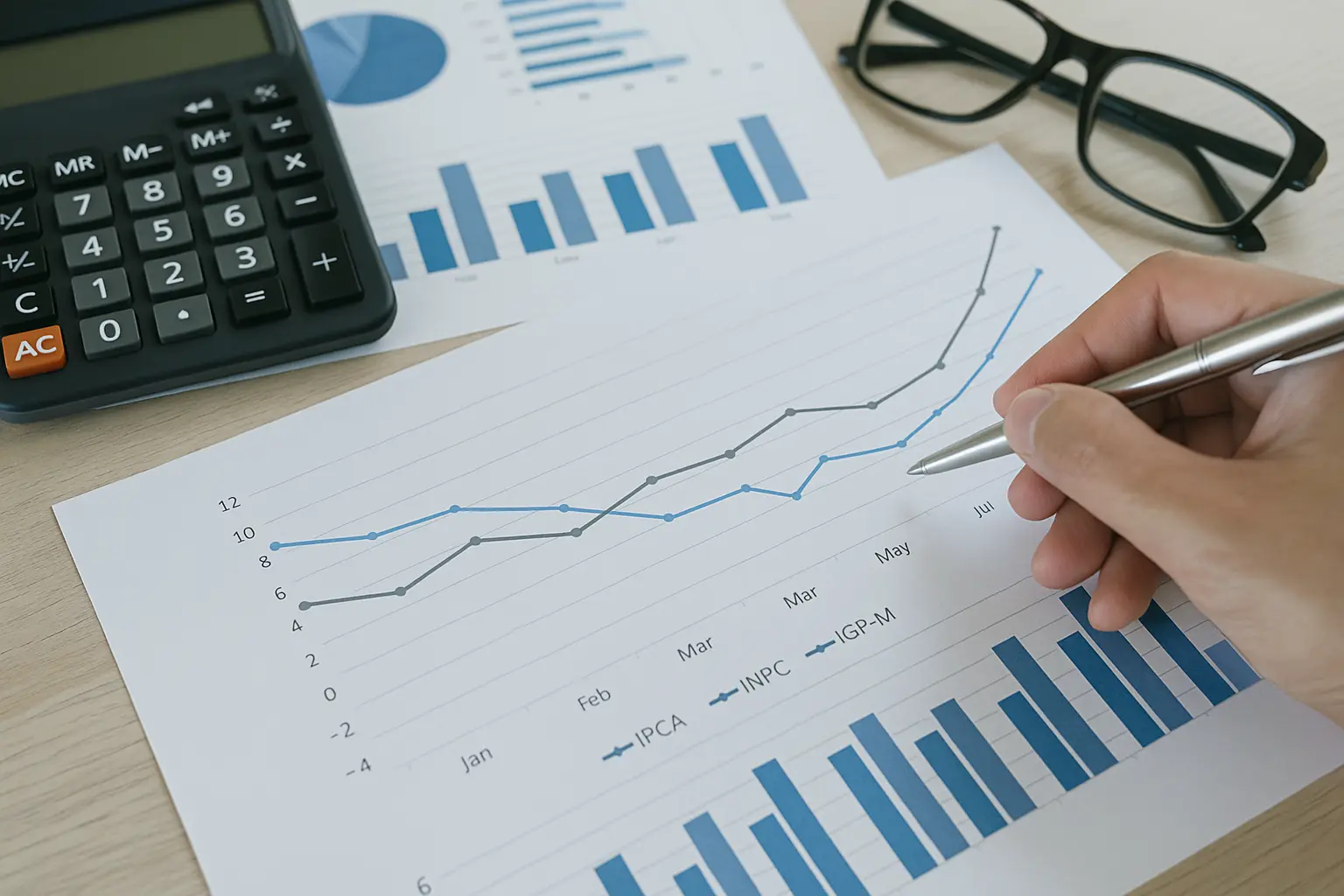 Gráfico comparativo de inflação com índices IPCA, INPC e IGP-M, usado para reajuste contratual e planejamento financeiro, ao lado de calculadora e óculos sobre mesa de escritório